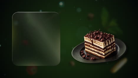 three layers tiramisu dessert with chocolate chips animation on dramatic green background – perfect for adding daily specials on the built-in glass frame