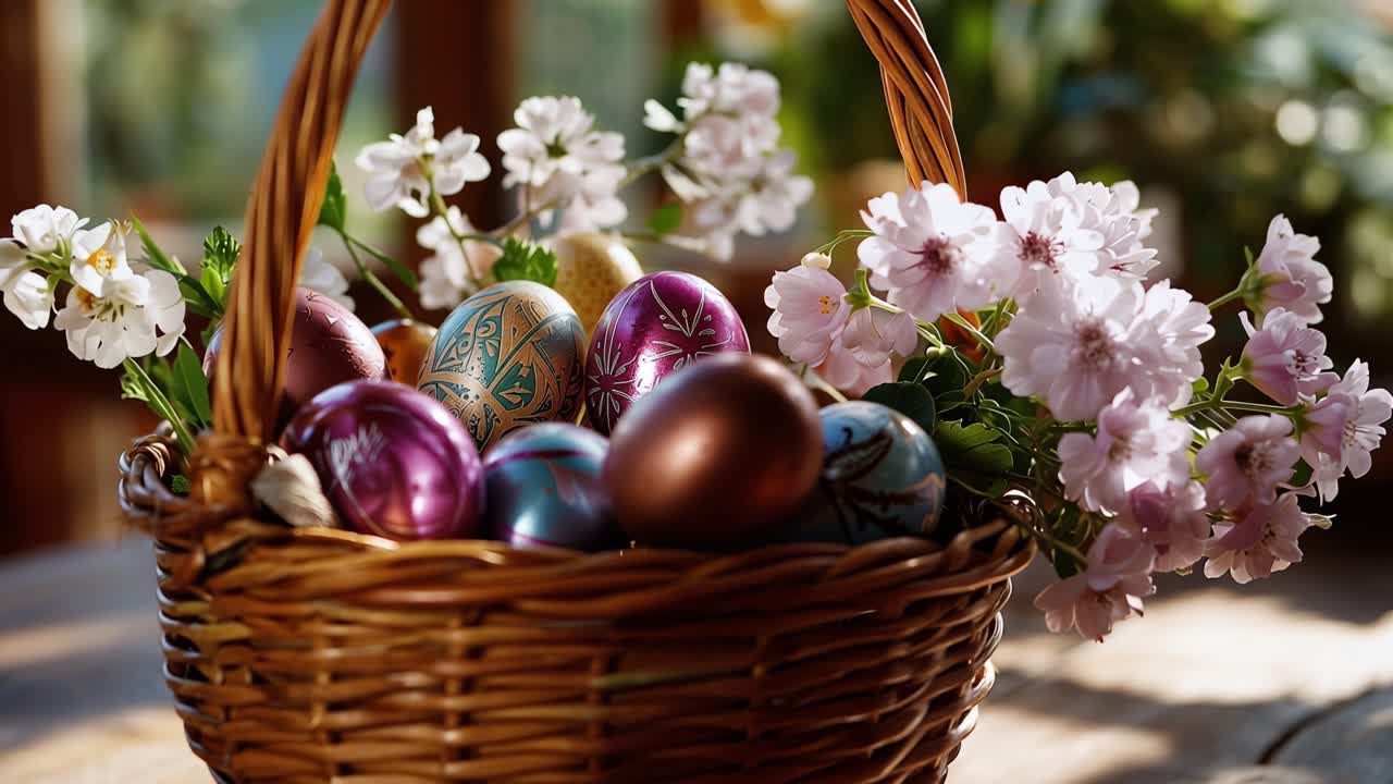 Basket holds colorful Easter eggs and pink blossoms. Sunlight warms the wooden table. Spring flowers bloom beside it. Bright, cheerful scene perfect for holidays. Ideal for Easter, spring