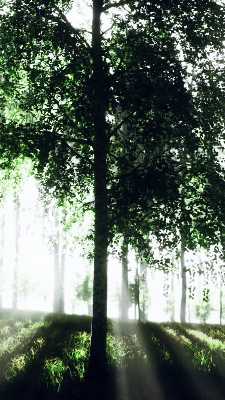 태양의 마지막 광선이 버드나무 숲을 가로질러 필터링합니다.