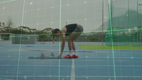 Preparing for race, athlete on track with digital grid animation overlay