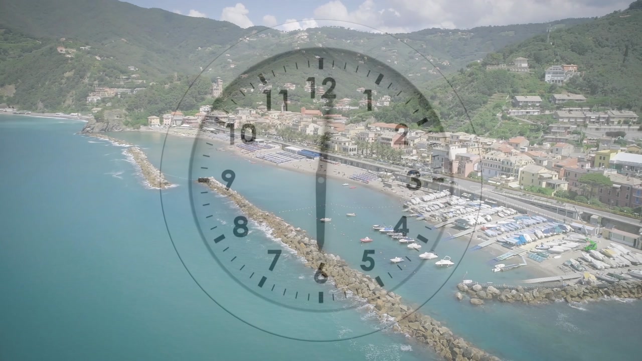 Camera pulling back semi-transparent analog clock rotating over harbor showing time passing