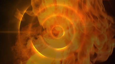 explosión de fuego contra un fondo oscuro naranja con círculos claros
