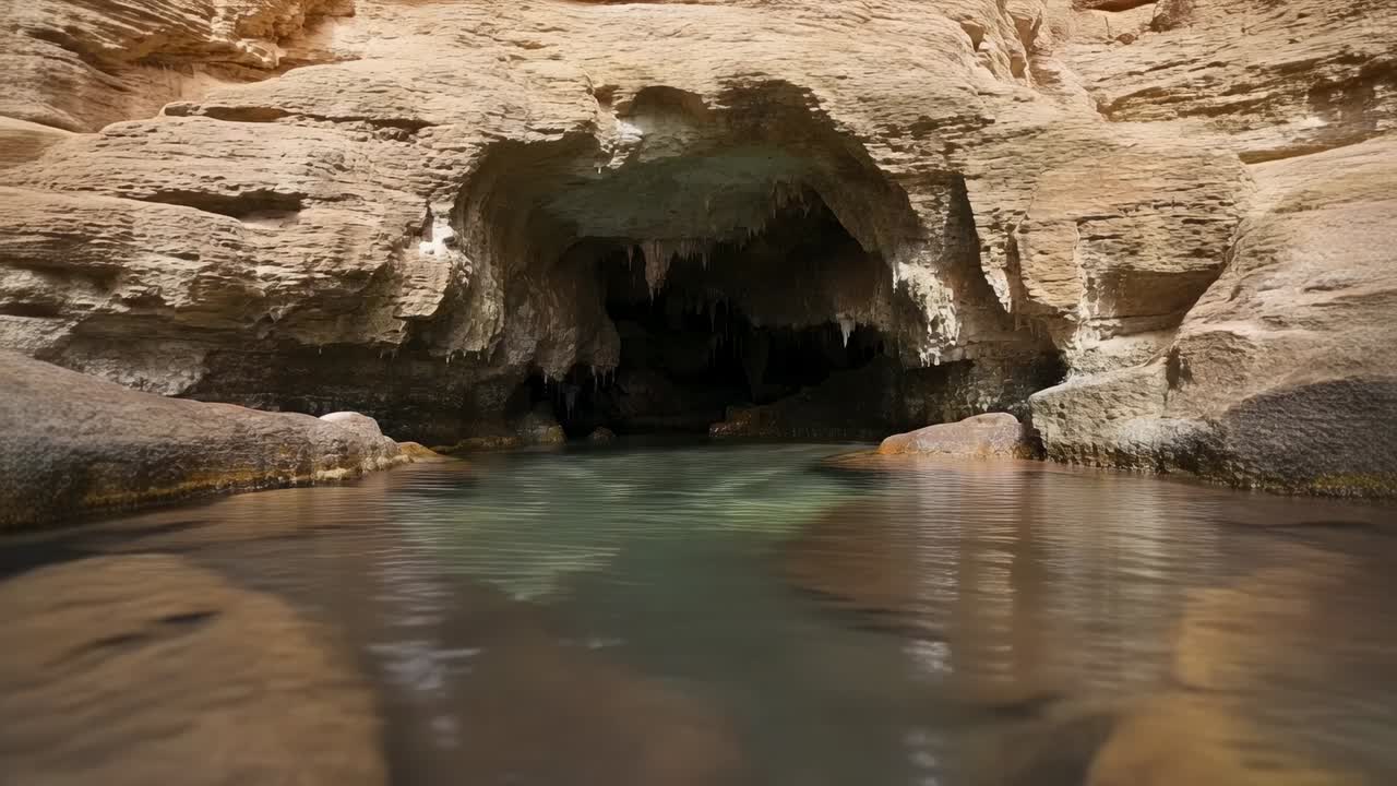 Angolazione della camera mobile che rivela l'apertura di una grotta calcarea a livello dell'acqua, mostrando stalattiti ed effetti caustici