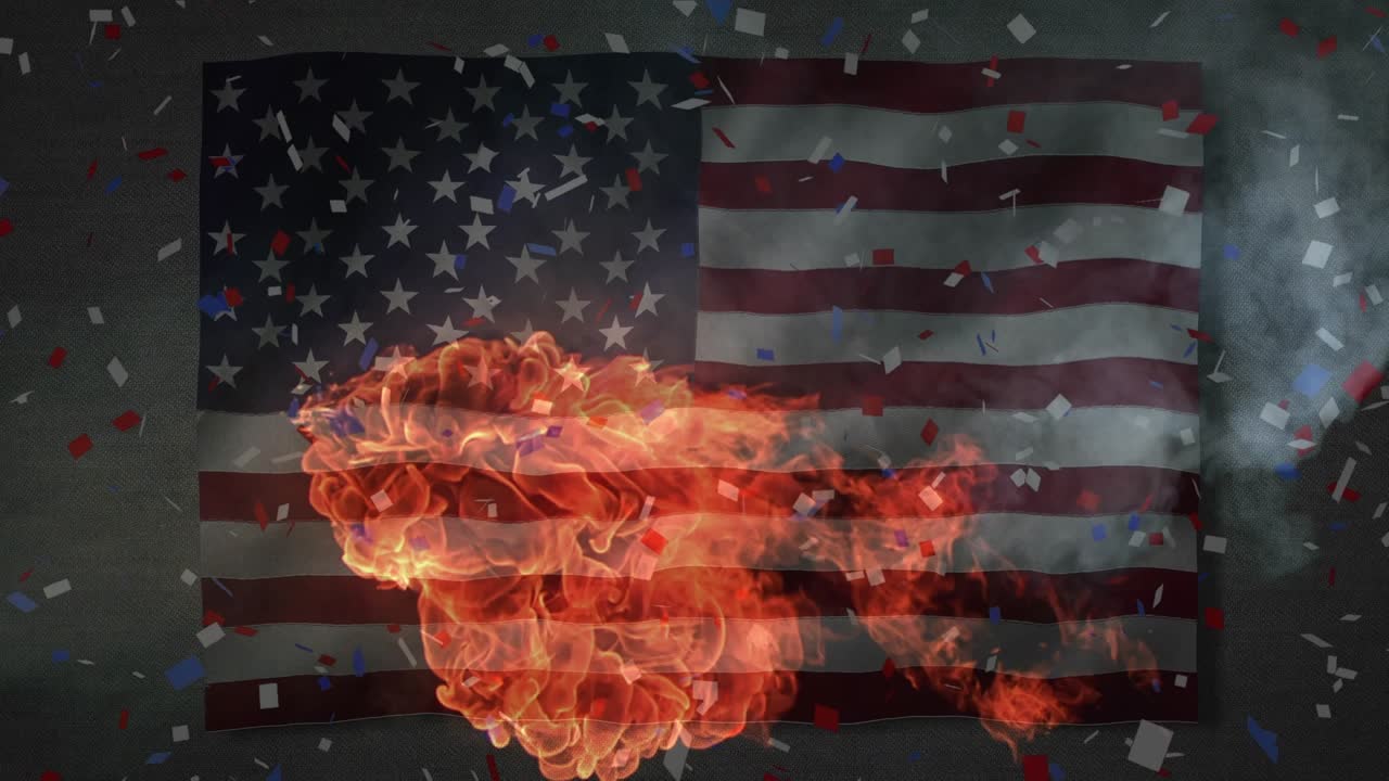 Animation of waving usa flag and flames