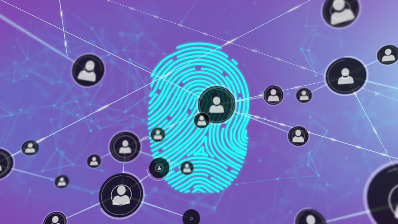 animación de iconos de perfil digital que se interconectan con líneas y huellas dactilares con candados