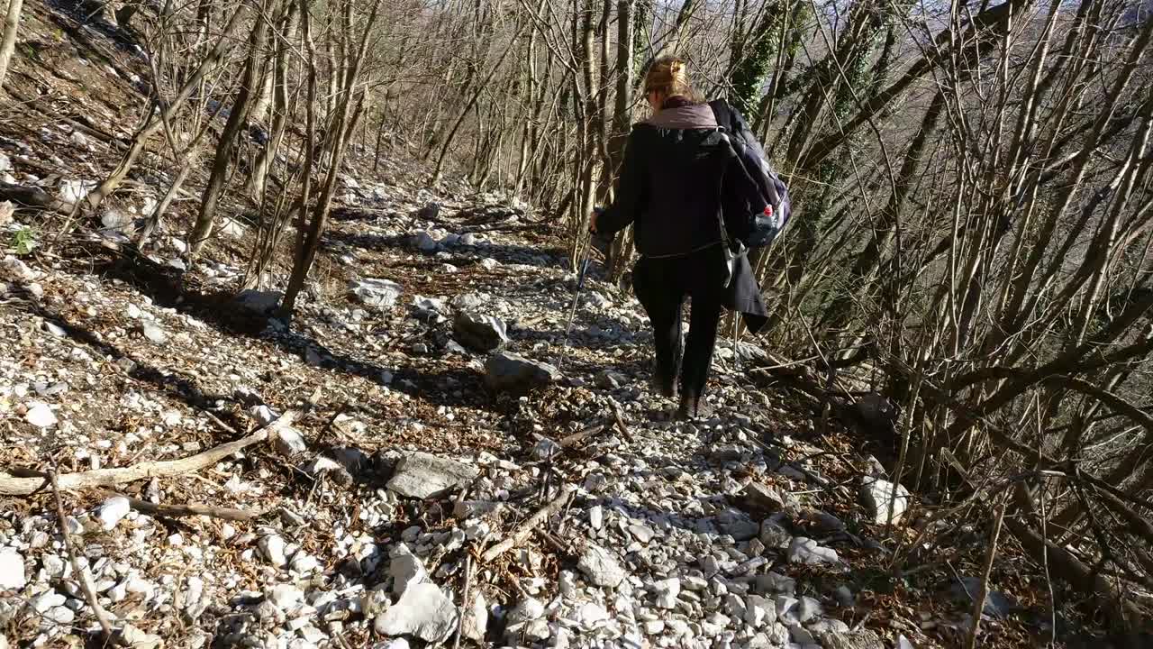 스칸디나비아의 지이를 가진 산의 길을 고 있는 금발의 여자