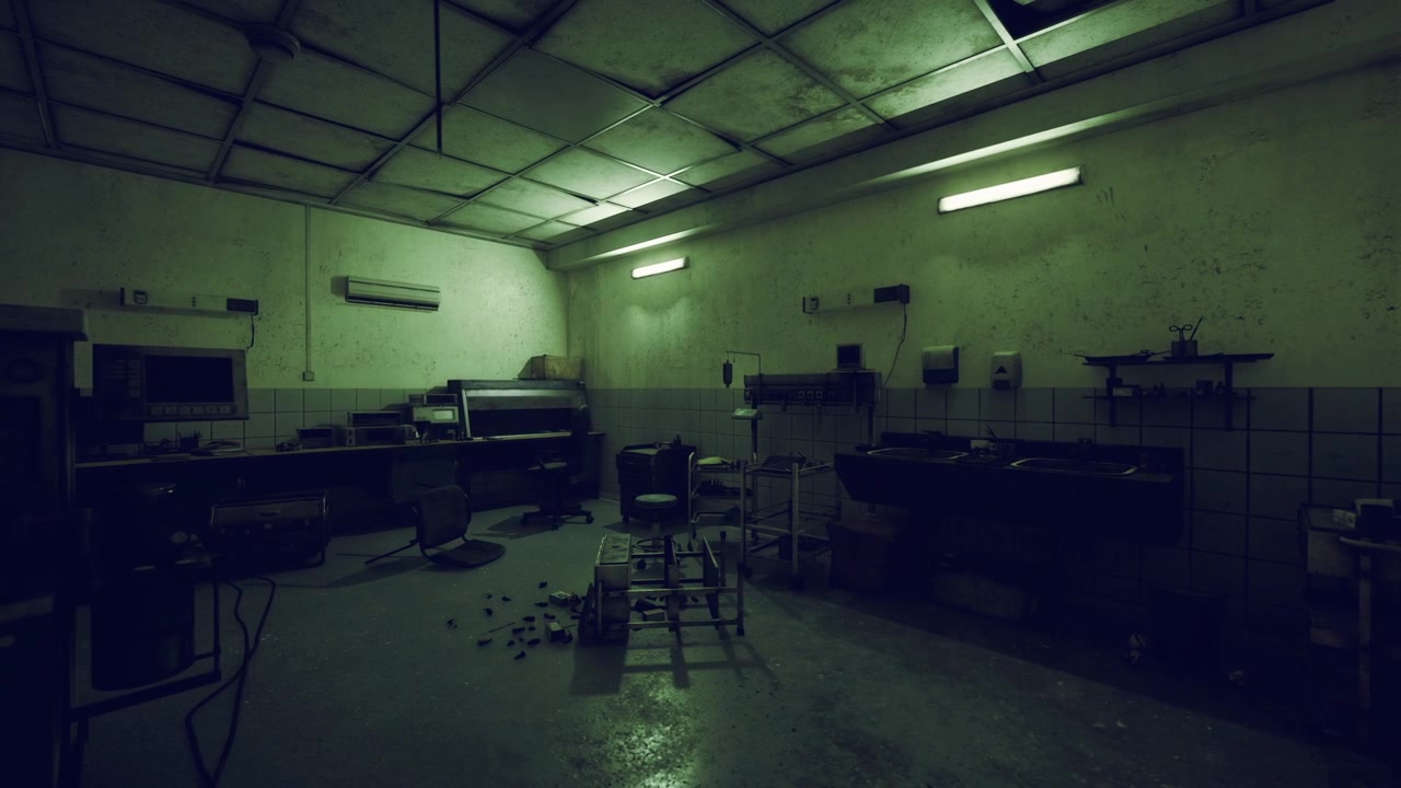 Dimly illuminated factory area with scattered tools and reflective flooring