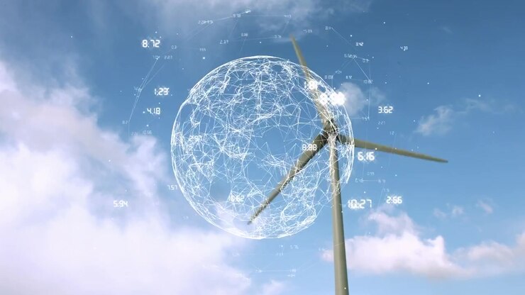 Animazione di un mappamondo ed elaborazione dati su una turbina eolica.