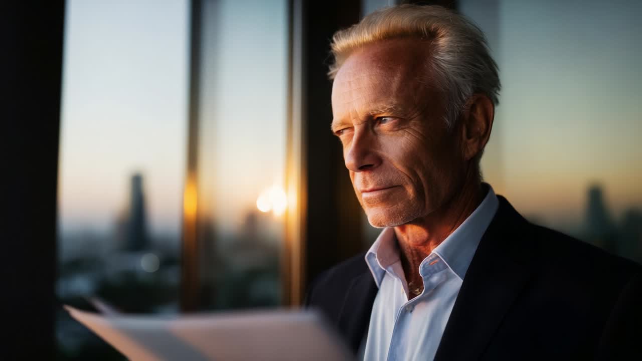 En eftertænksom, ældre mand kigger ud ad et vindue med papirer i hånden, mens solnedgangens varme glød oplyser himlen og afspejler en følelse af kontemplation og reflekterende indsigter i livet.