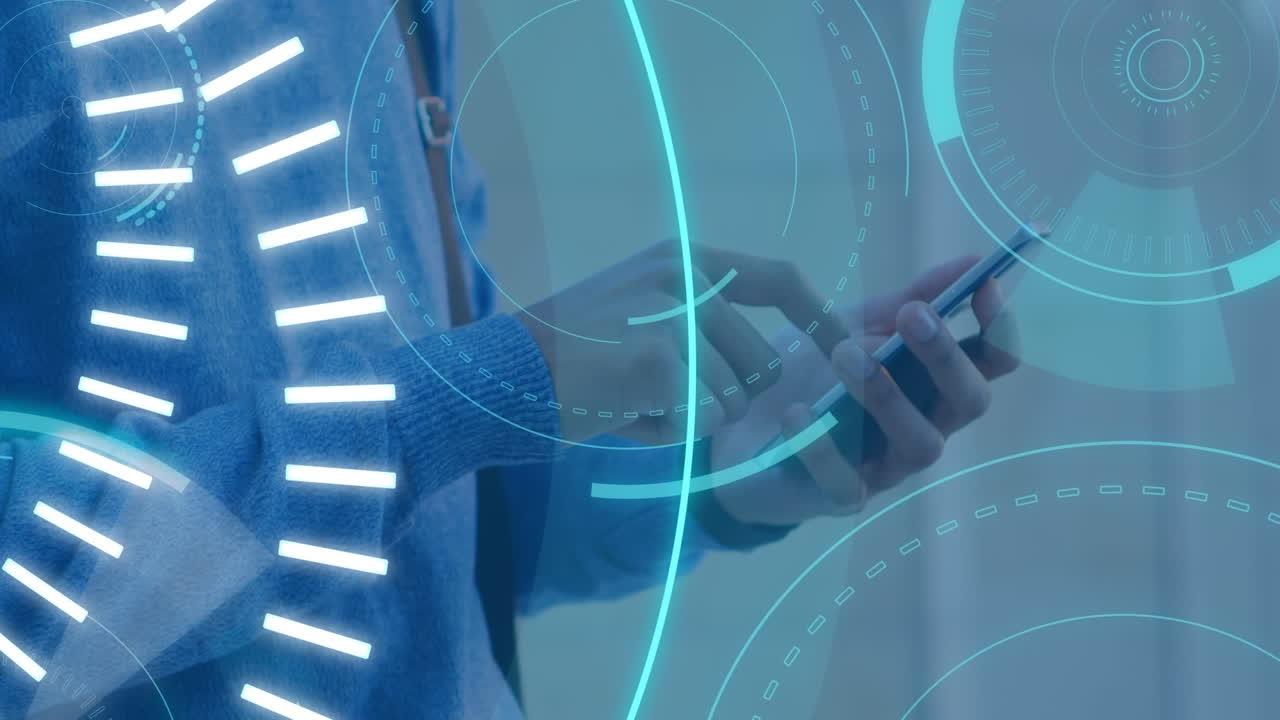 ⁇ 드폰과 5g를 사용하는 남자가 미래의 서클 한가운데에 쓰여져 있습니다.