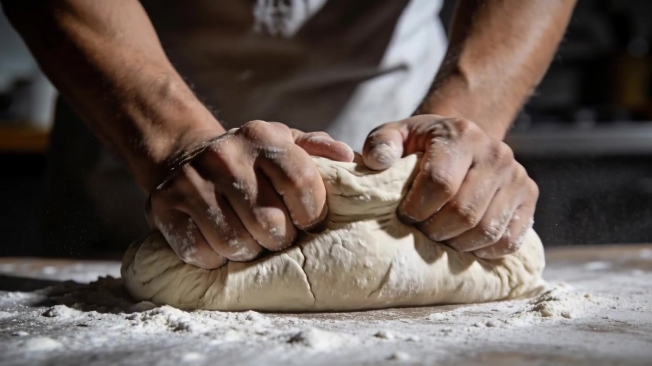 Manos de panadero presionando, doblando y dando forma a una bola de masa sobre una encimera enharinada, usando un delantal blanco y una muñequera.