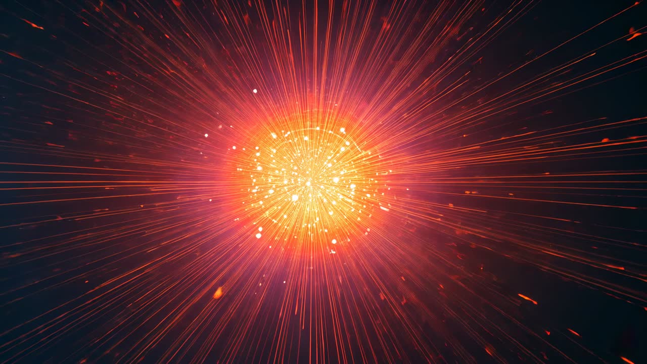 Orange core sphere pulsing and radiating lengthening red beams across cosmic space after appearance