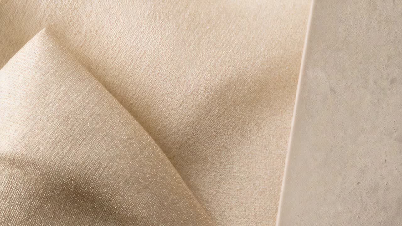 Morbida luce mutevole che rivela un tessuto beige con pieghe morbide su un espositore da tavolo, con lastra di pietra chiara