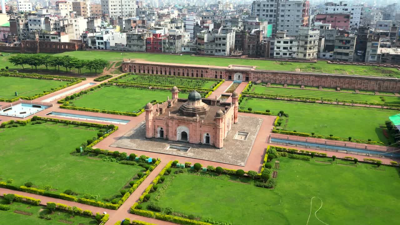Wide angle establishing drone shot Lalbagh Fort in Dhaka in Bangladesh