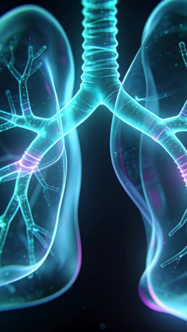 Vertical video: Pulsing along trachea, lungs breathing and glowing on black void showing airflow