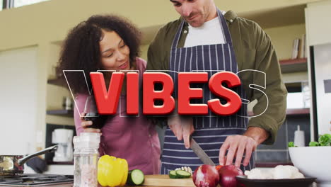 animation of vibes text over diverse couple cooking