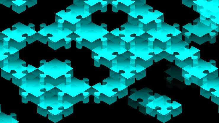 Jigsaw puzzle 3D isometric virtual assemble moving blue color illustration on black background, seamless looping animation 4K with copy space