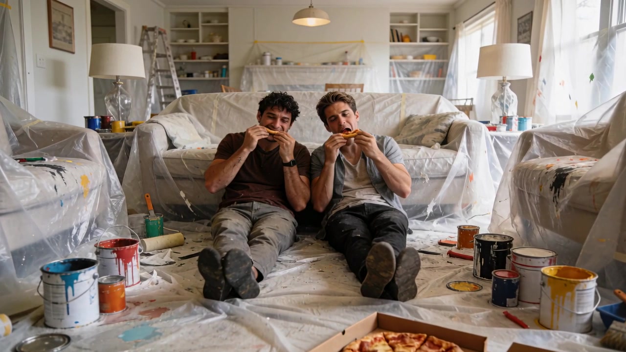 Pausa pittura, due uomini in magliette casual mangiano pizza sul pavimento del soggiorno, barattoli di vernice