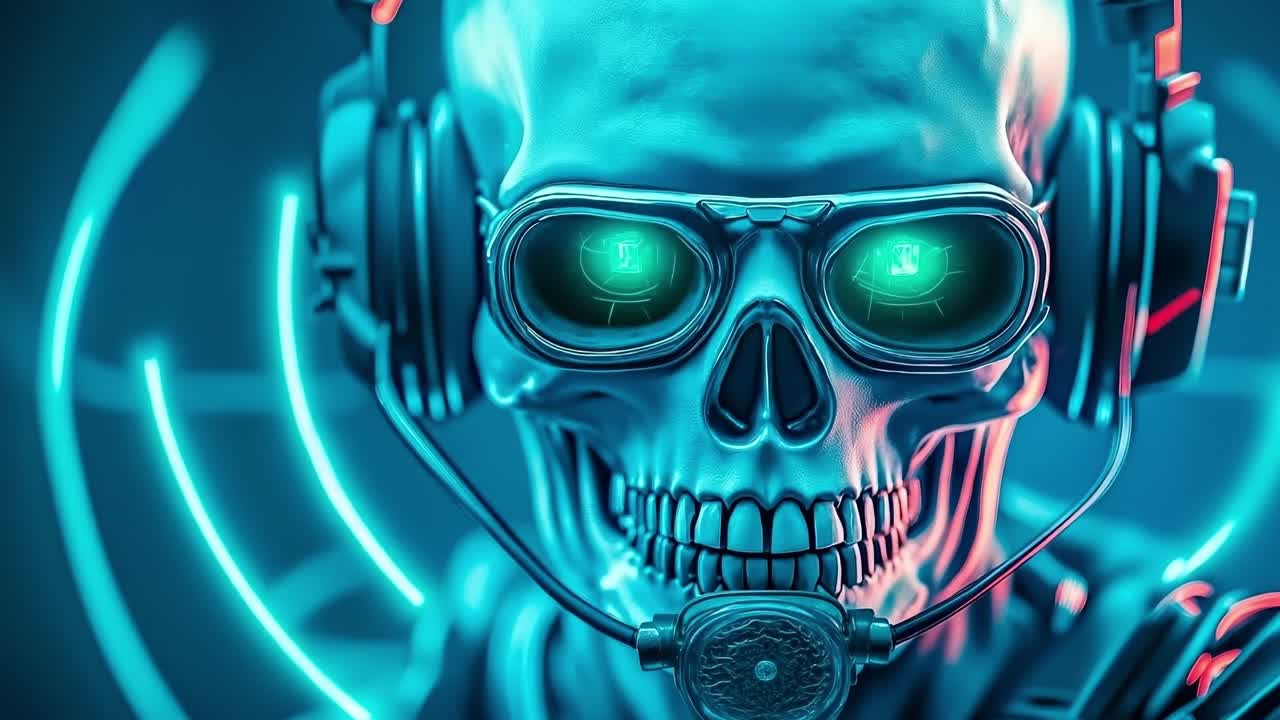A skull wearing a headset and goggles