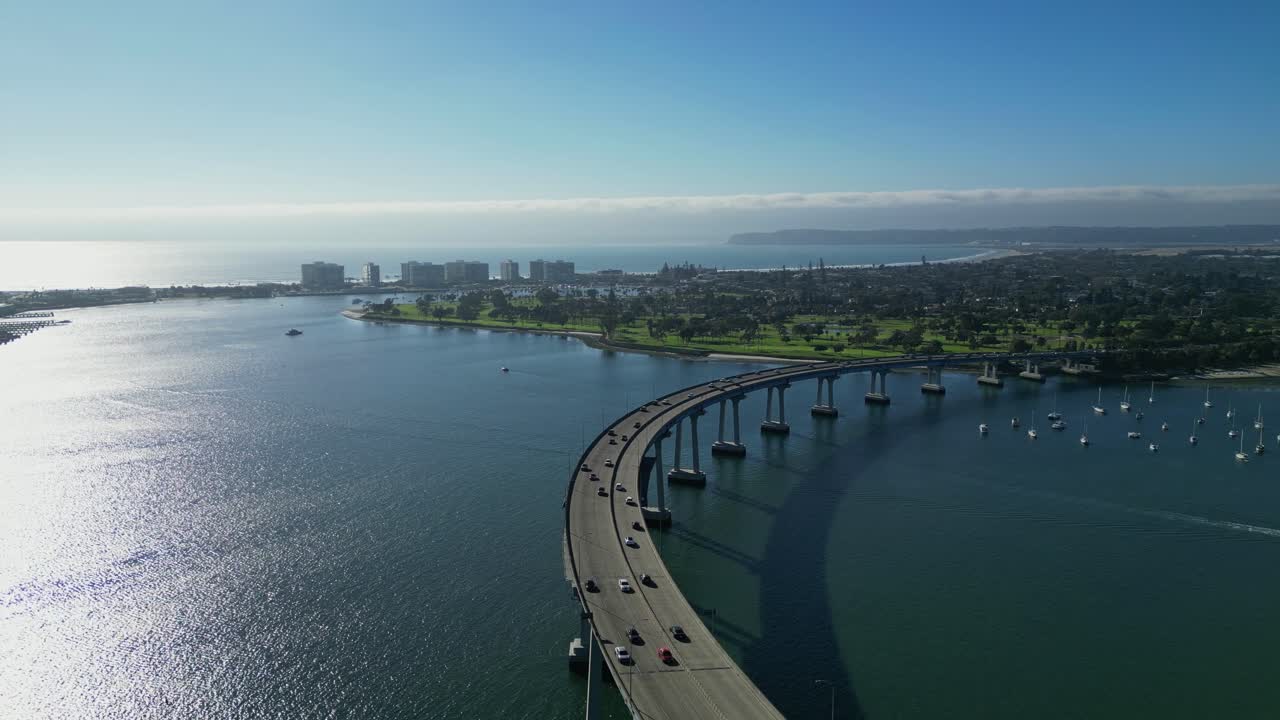 A drone flyover of the San Diego–Coronado Bridge, capturing the stunning span over San Diego Bay in California.