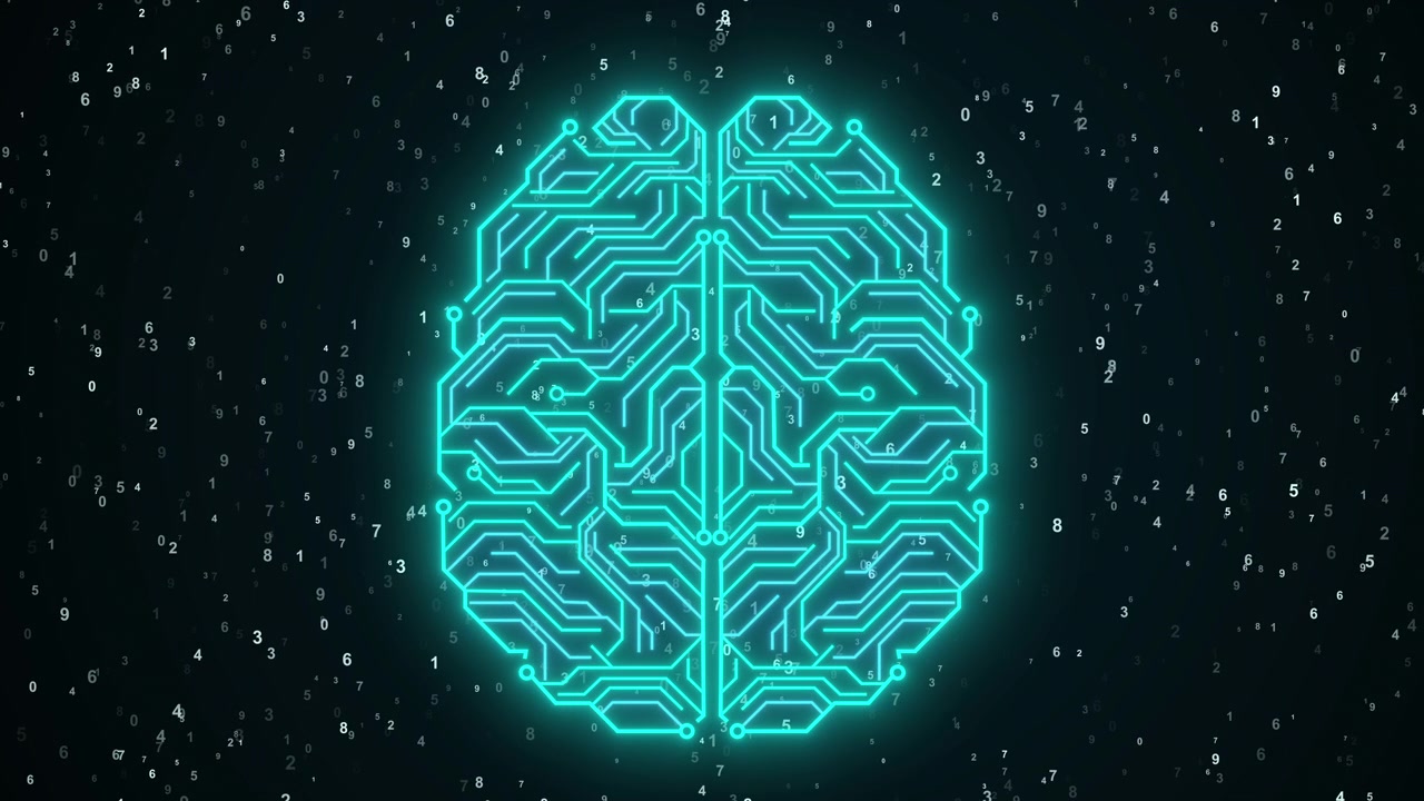 Digital Circuit Board Brain Animation with Floating Numbers