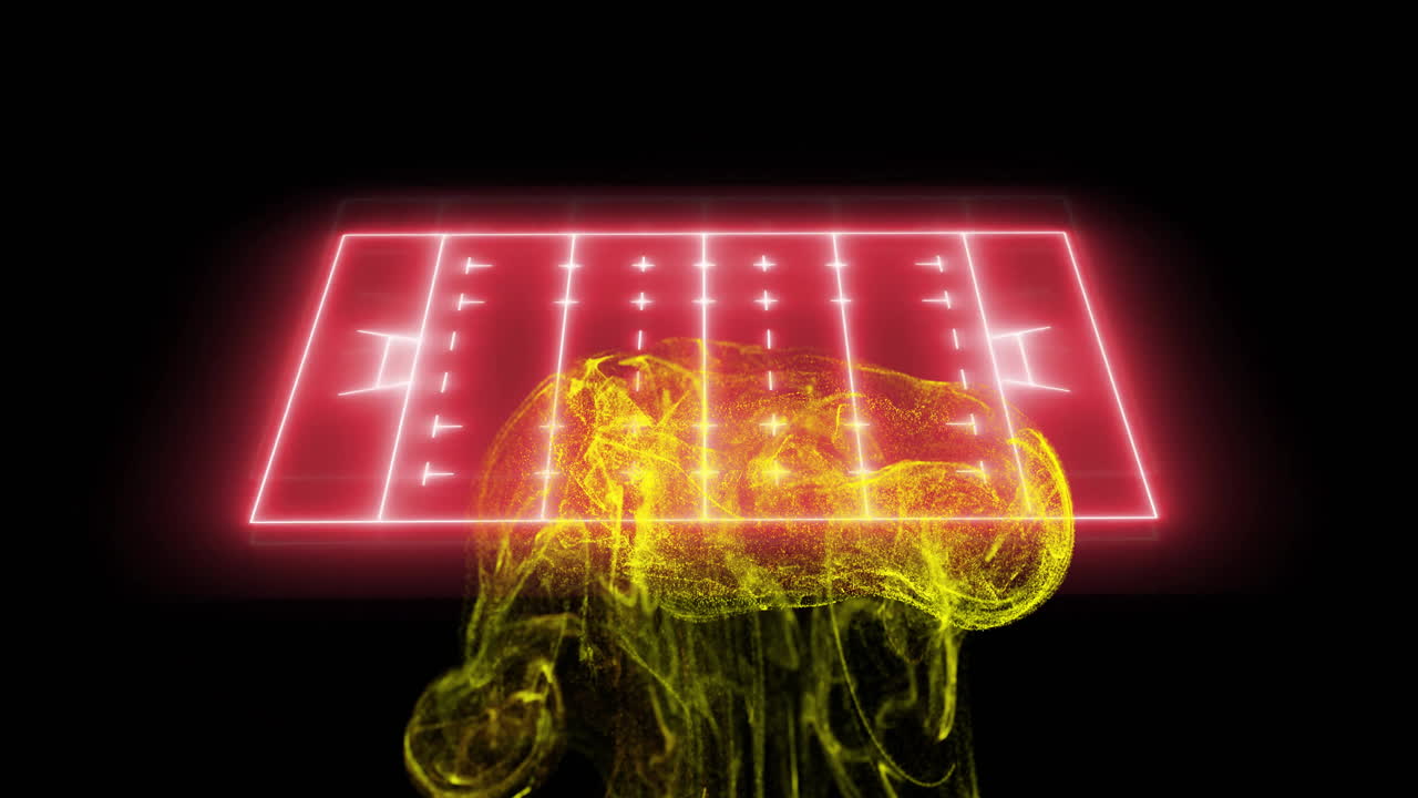 Football field animation over yellow abstract shapes on black background