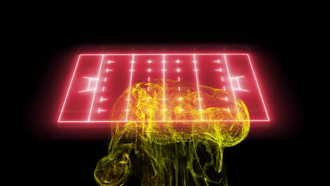 football field animation over yellow abstract shapes on black background