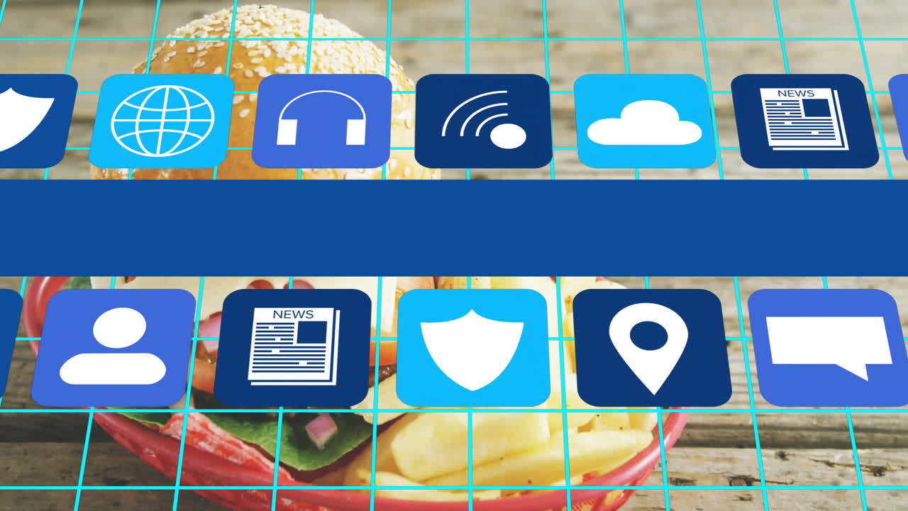 Animation of app icons overlaying burger and fries on wooden table