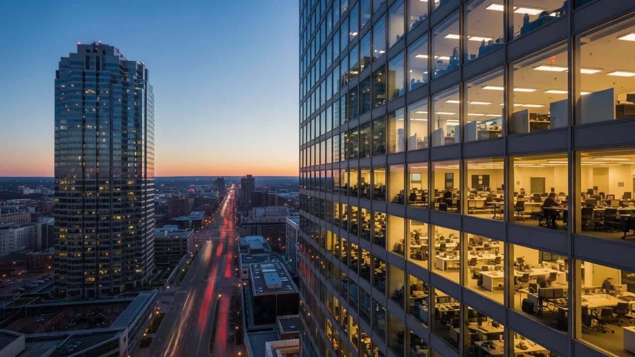 Twilight Transition: Captivating Views of Cityscape from Office Towers, Highlighting Urban Life and Modern Architecture as Day Turns to Night