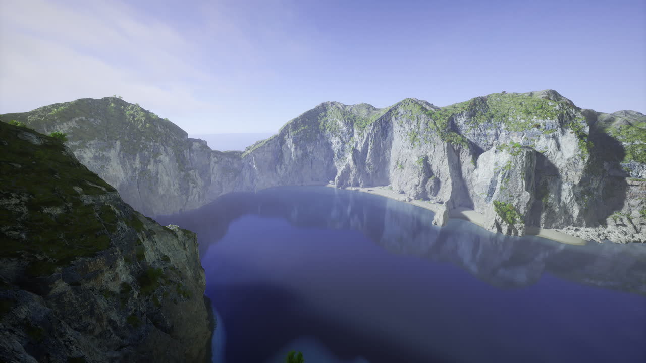 Stunning landscape view of rocky cliffs surrounding calm blue water