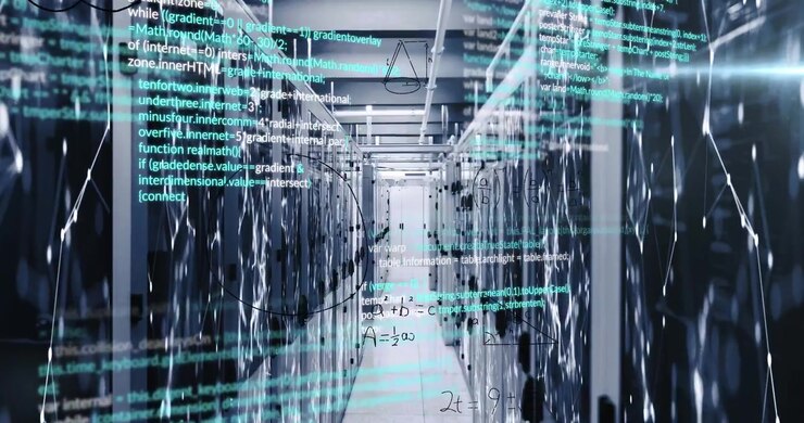 Animation of data processing over modern building and computer servers