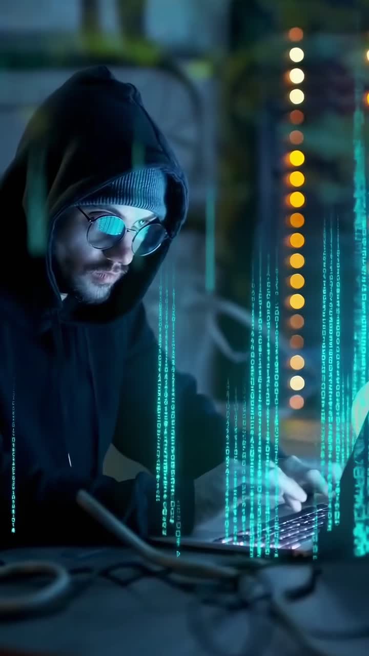 A hacker in a hoodie and glasses types on a laptop. Low-angle shot, digital code overlay. Video