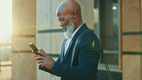 phone, black man and happy ceo in city