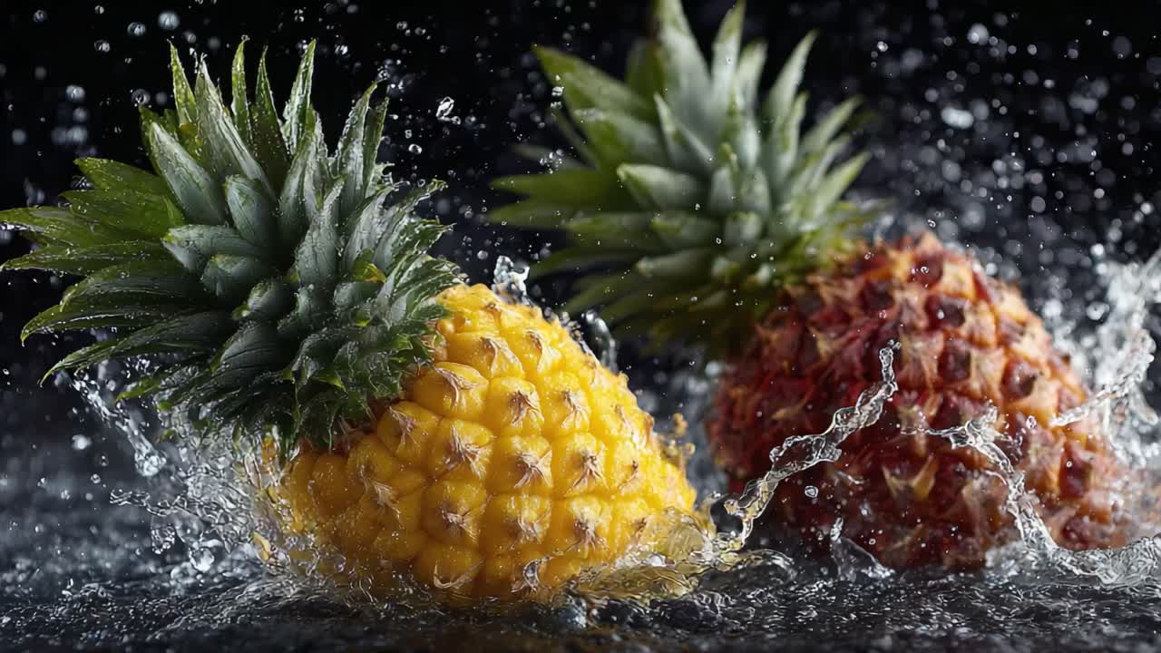 A Captivating Display of Fresh Pineapples Splashed in Water, Highlighting Their Vibrant Colors and Textures in a Stunning Close-Up Shot