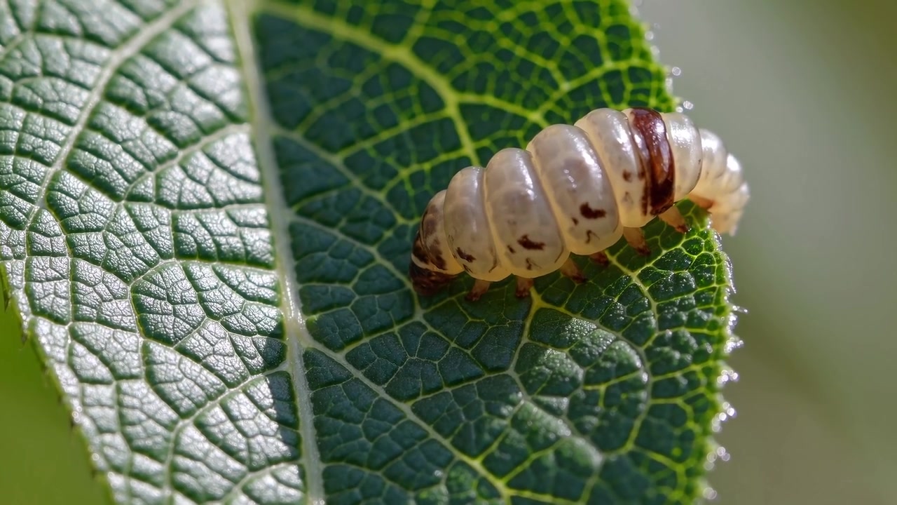 Macro di una piccola larva traslucida su una foglia verde