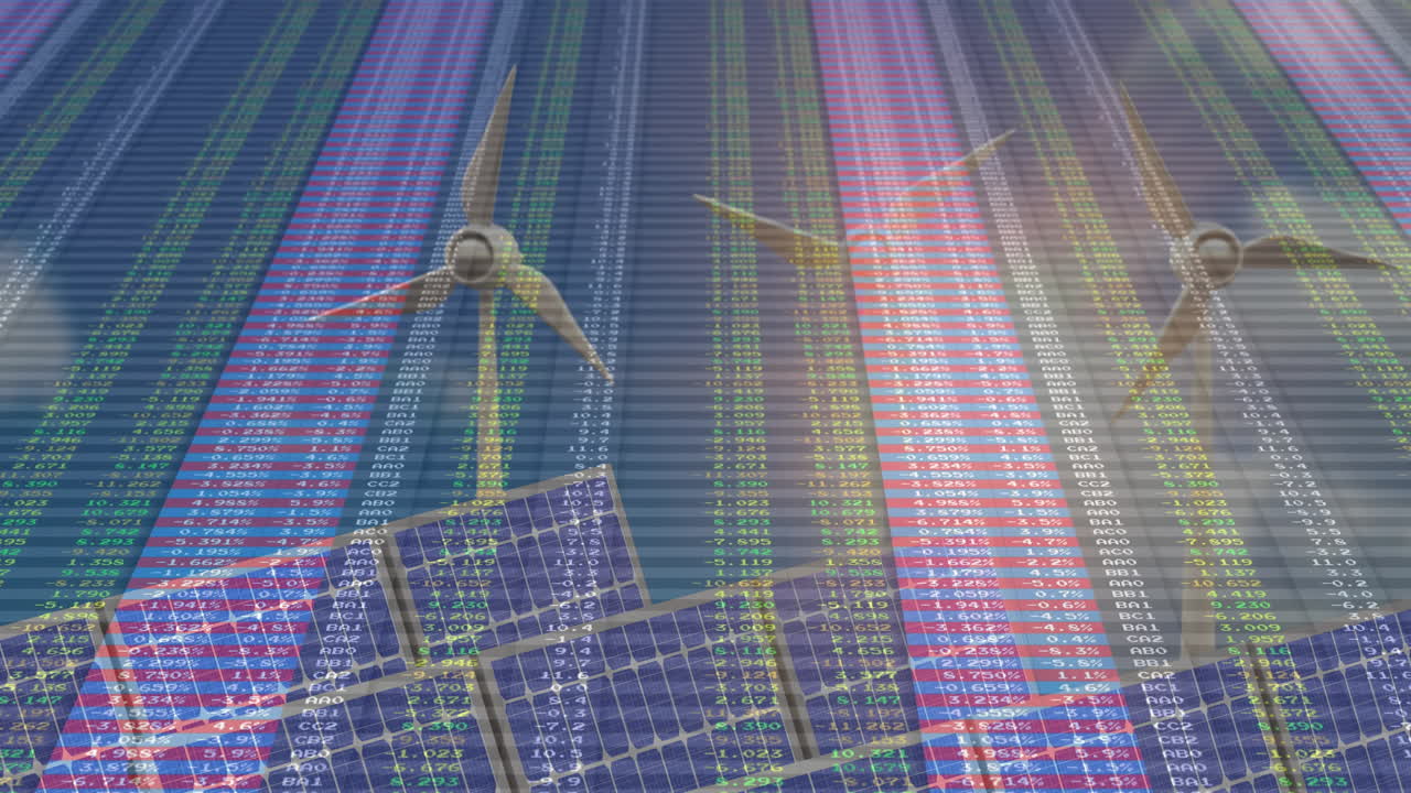 Turbina eolica in rotazione e pannelli solari che generano energia, mentre dati finanziari scorrono su una griglia.