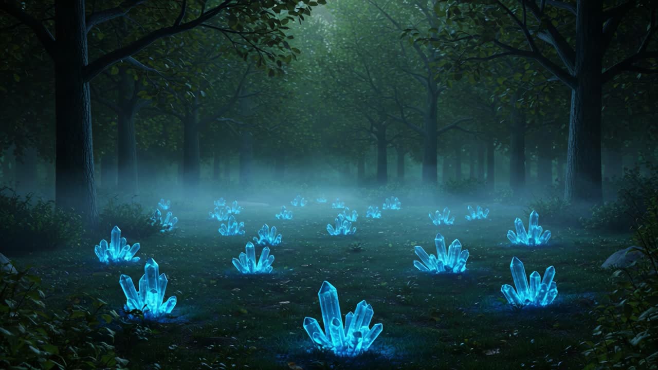 A Mystical Forest Scene Filled with Glowing Blue Crystals Surrounded by Dense Woodland and an Enigmatic Fog, Creating an Enchanting and Atmospheric Landscape
