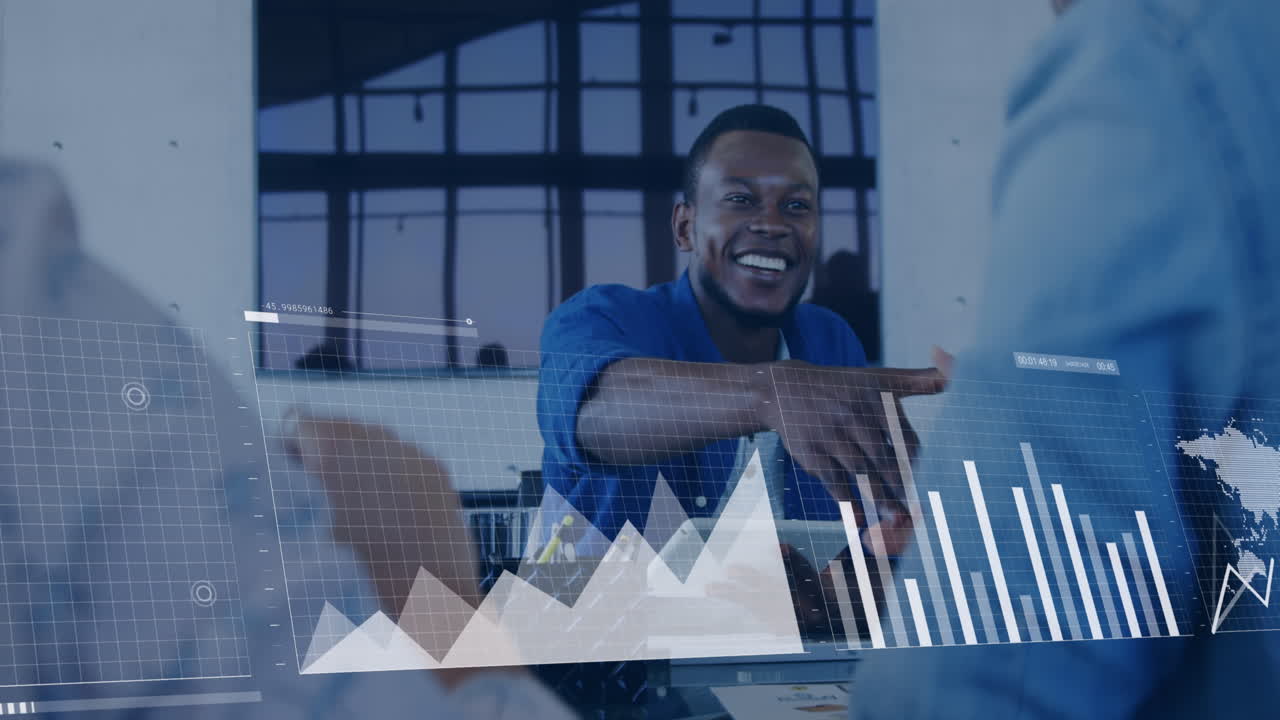 Animation of financial data processing over diverse group of business people