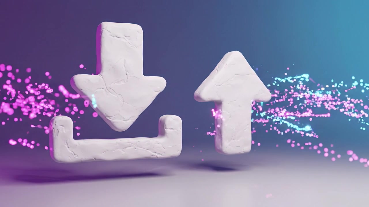 Dynamic Digital Symbols Representing Upload and Download Actions with Vibrant Backgrounds and Motion Effects in Modern Art Style