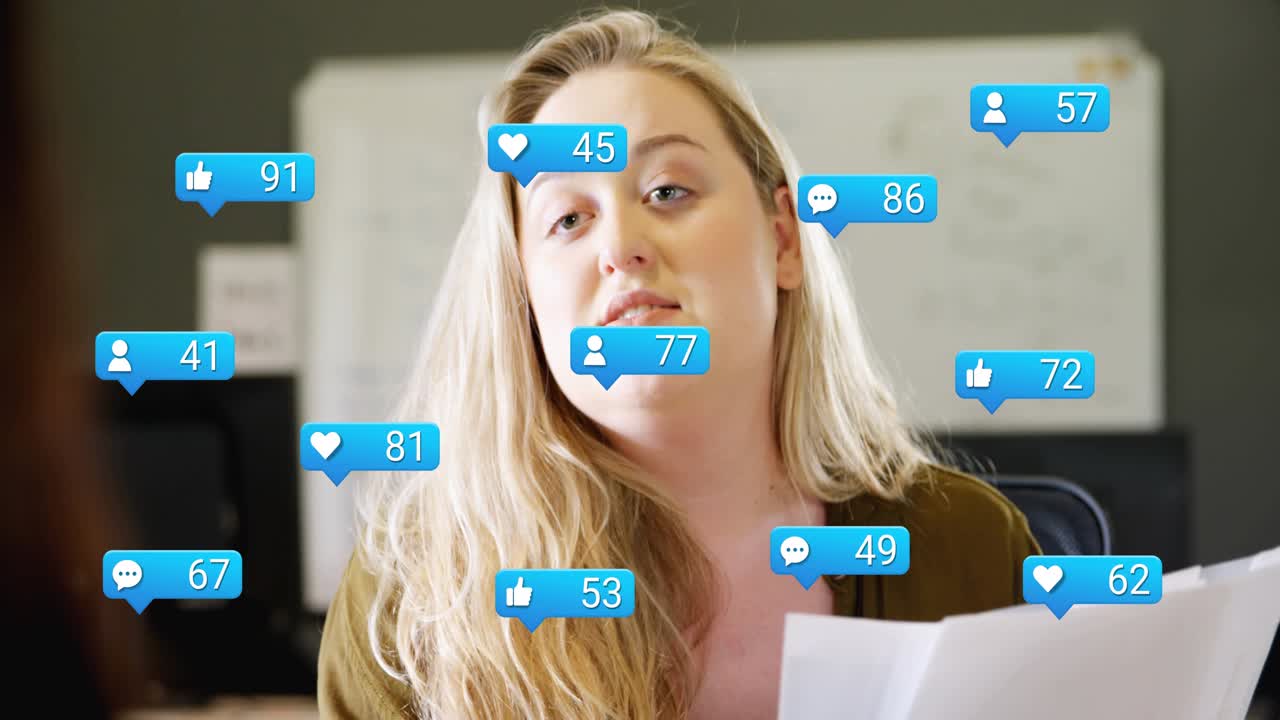 Woman starting reading papers, blue bubbles appearing around face and pages, boosting social reach