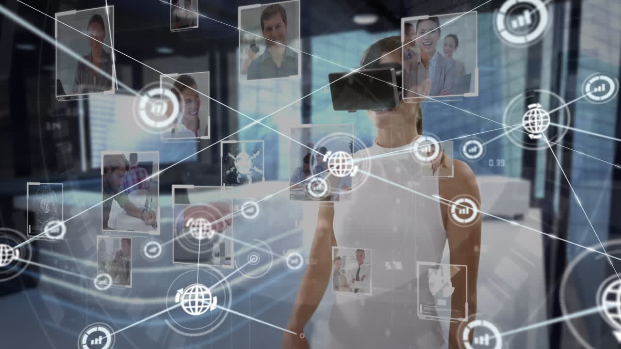 animación de una red de conexiones con iconos sobre una mujer de negocios con auriculares vr
