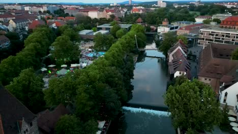 4K Aerial Drone Video of City-Beach along the Pegnitz River in Downtown Nurnberg, Germany