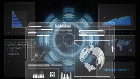 displaying animation, futuristic digital interface with global data in school setting