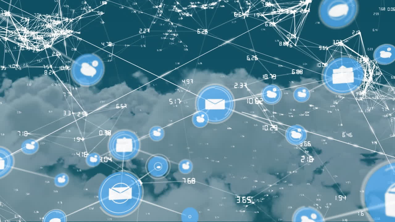 하늘의 구름에 대한 연결 네트워크와 디지털 아이콘의 애니메이션