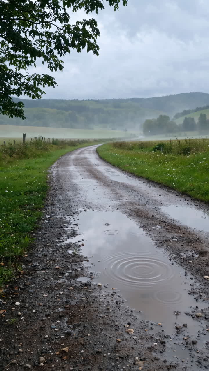 Rainy Day on a Winding Dirt Road with Puddles and Misty Hills