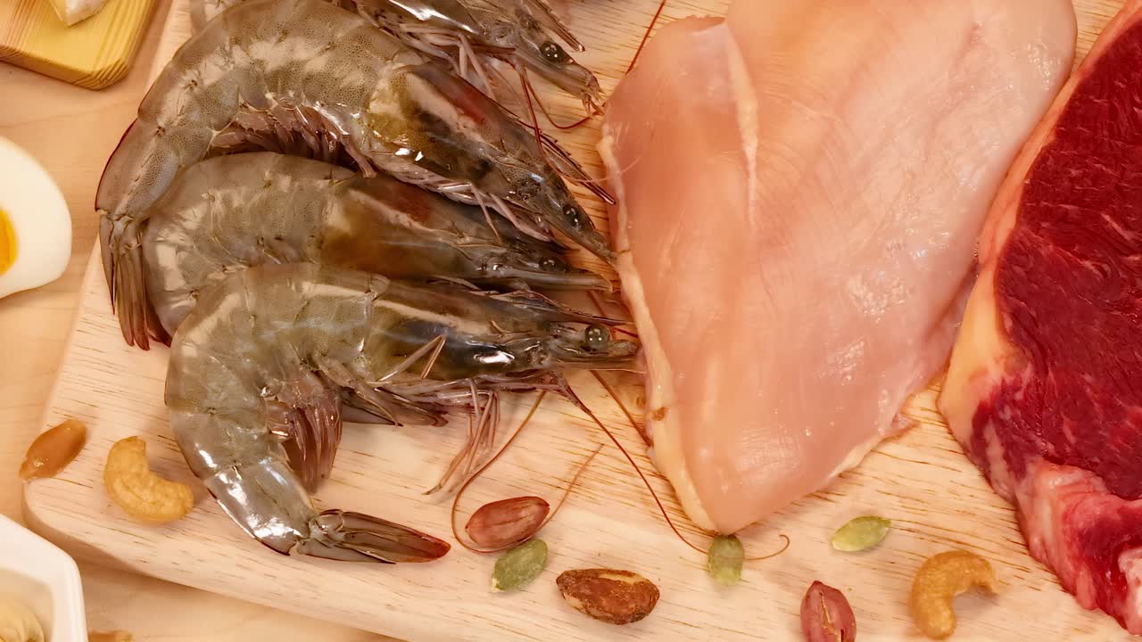 A selection of shrimp, nuts, and boiled eggs arranged on a wooden surface for a nutritious meal.