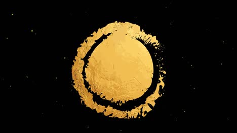 animation of gold circle and ring over white stars moving on black background