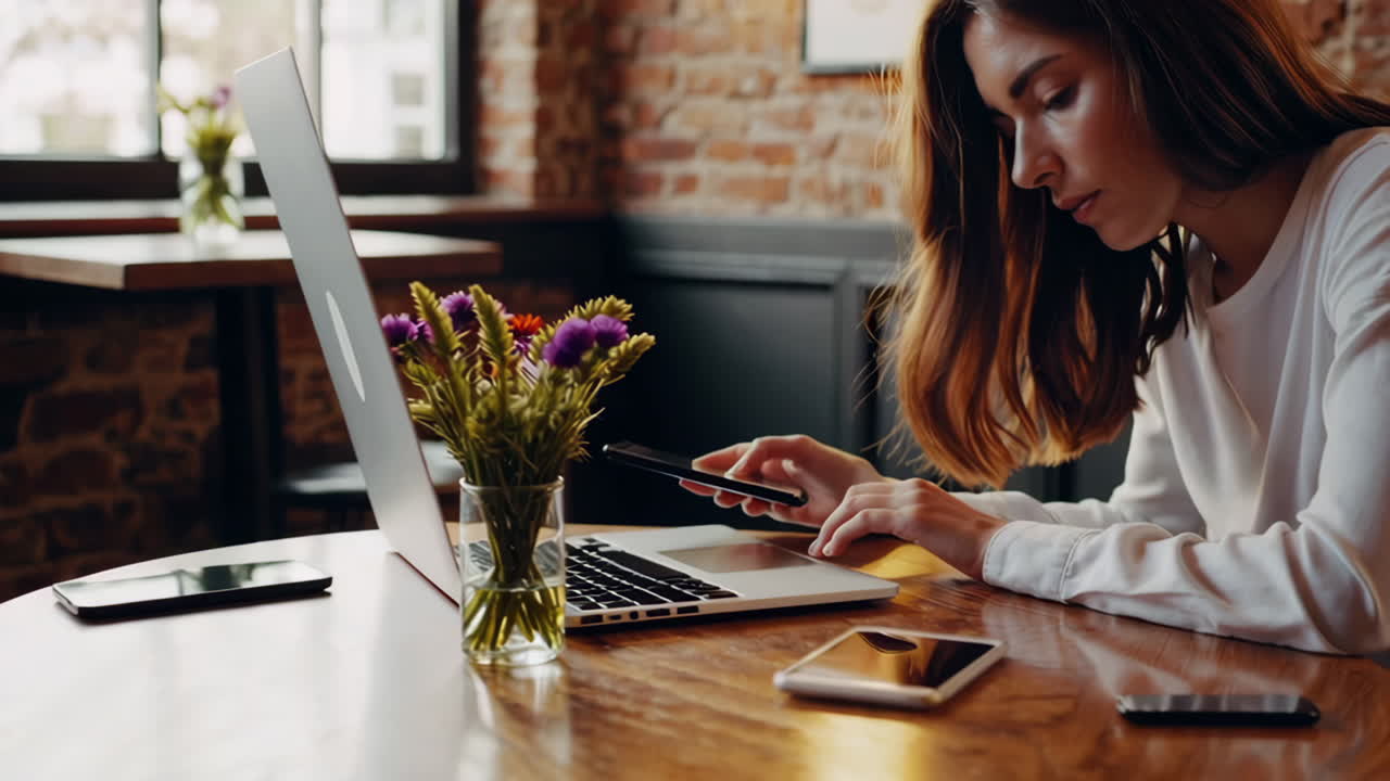 Donna che lavora o naviga al telefono e al laptop in un accogliente caffè