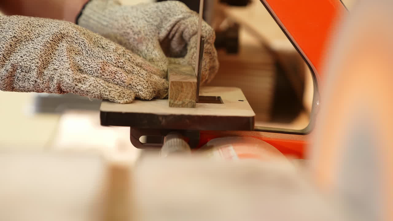 Eco friendly woodworker's shop, skilled carpenters handmade craftsman builder equals polishes wooden board with polishing machine or random orbit sander, mechanically sand wood block tools in workshop