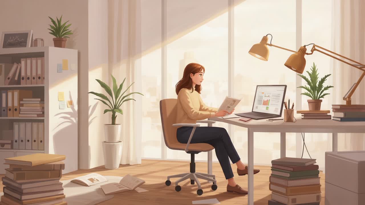 A Tranquil Workspace: A Young Woman Engaged in Reading and Analysis Amidst a Serene, Sunlit Office Environment with Lush Indoor Plants and Organized Books